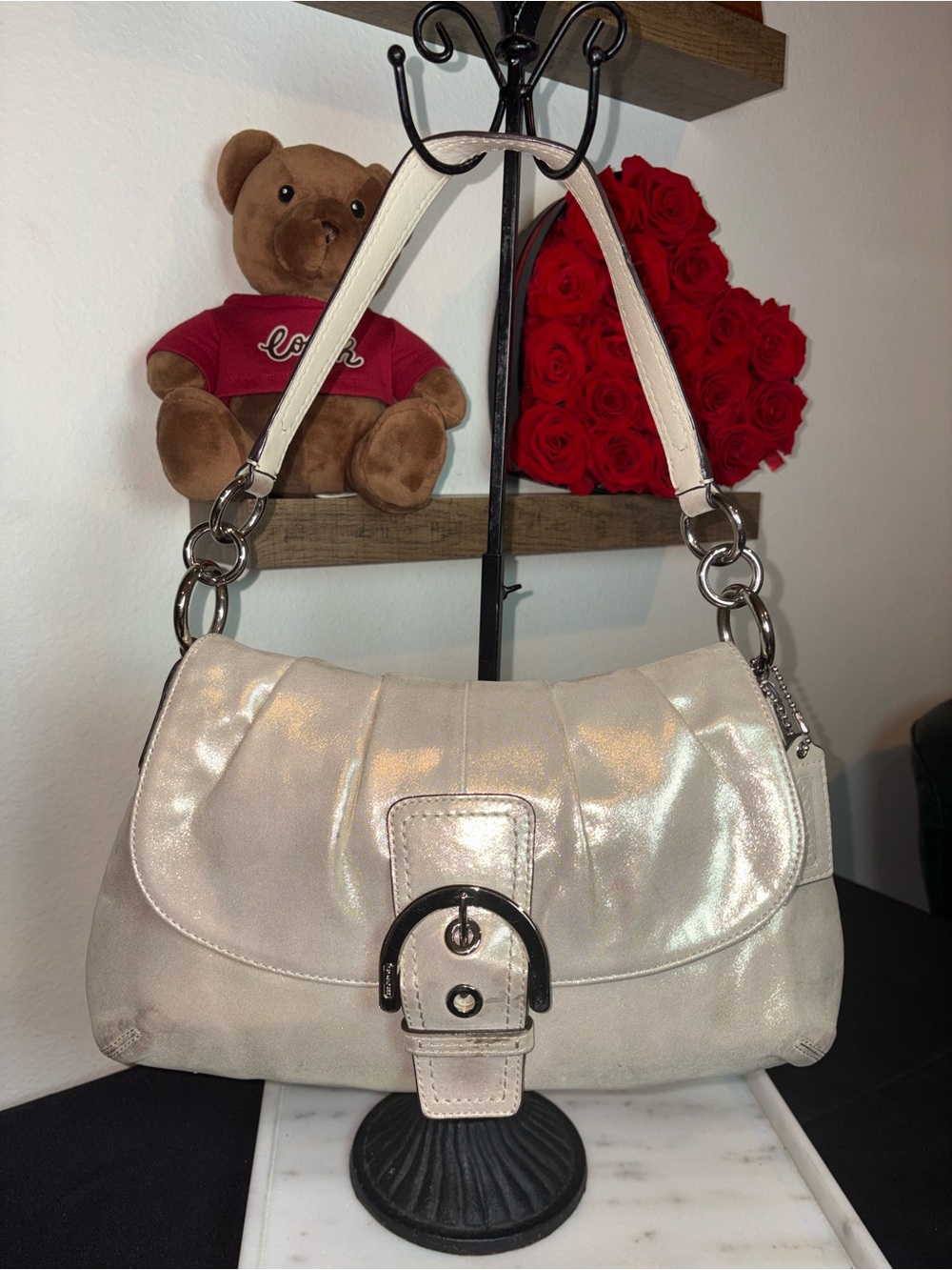 Coach SoHo Champagne Elegant Metallic Cream Shoulder Buckle Flap Bag Large
